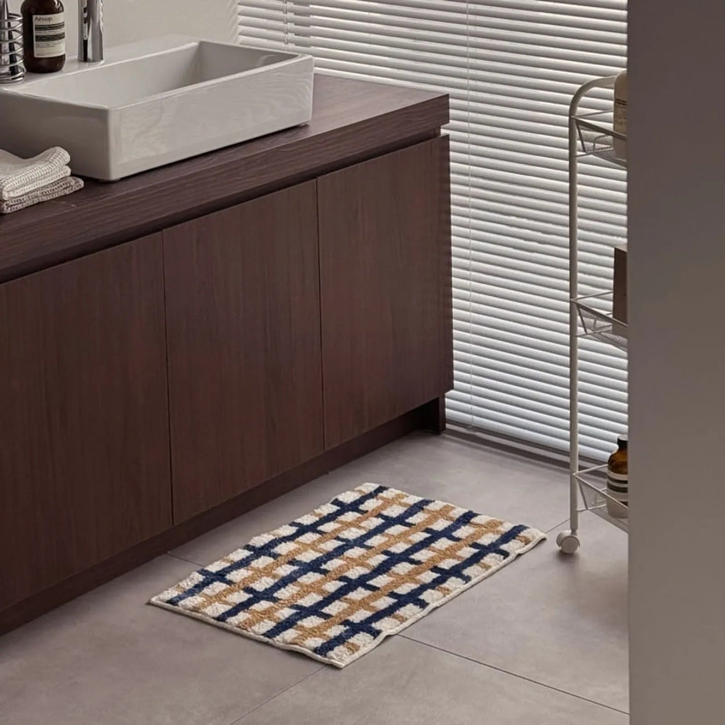 Modern Navy & Tan Grid Plush Accent Rug