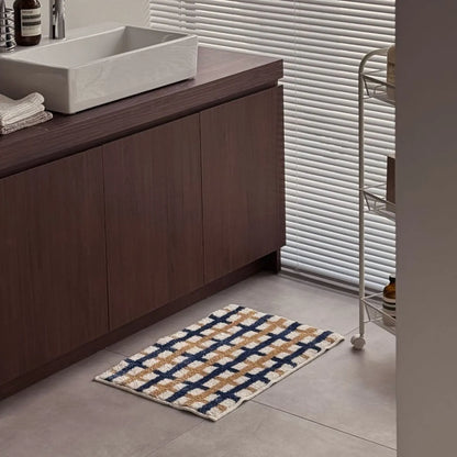Modern Navy & Tan Grid Plush Accent Rug