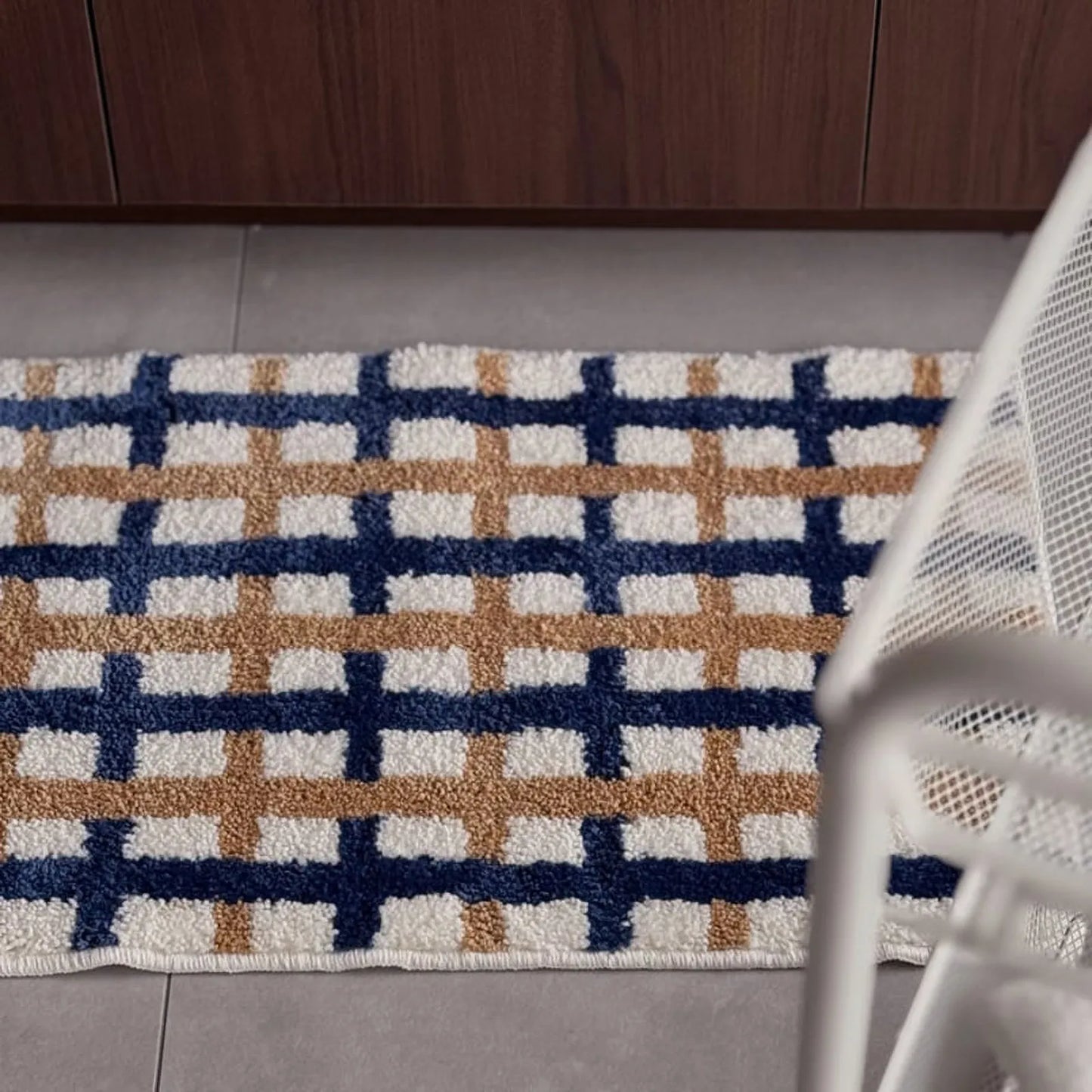 Modern Navy & Tan Grid Plush Accent Rug