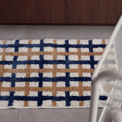 Modern Navy & Tan Grid Plush Accent Rug