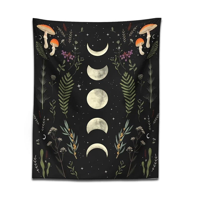 Moon Garden Mushrooms Tapestry floral moon phases