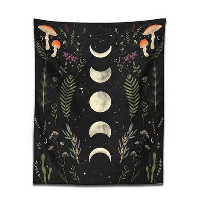 Moon Garden Mushrooms Tapestry floral moon phases