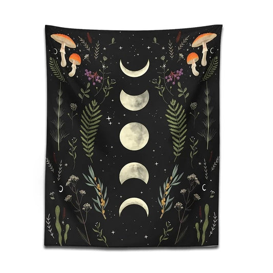 Moon Garden Mushrooms Tapestry floral moon phases