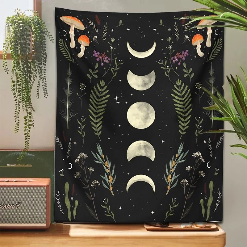 Moon Garden Mushrooms Tapestry floral moon phases