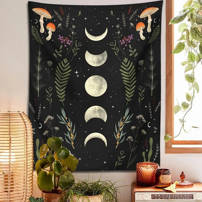 Moon Garden Mushrooms Tapestry floral moon phases