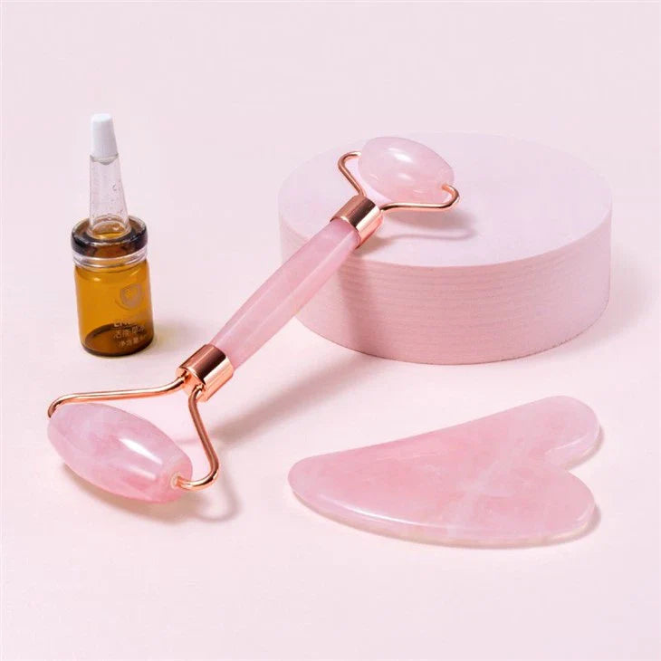 Bastão de massagem com rolo de quartzo rosa natural