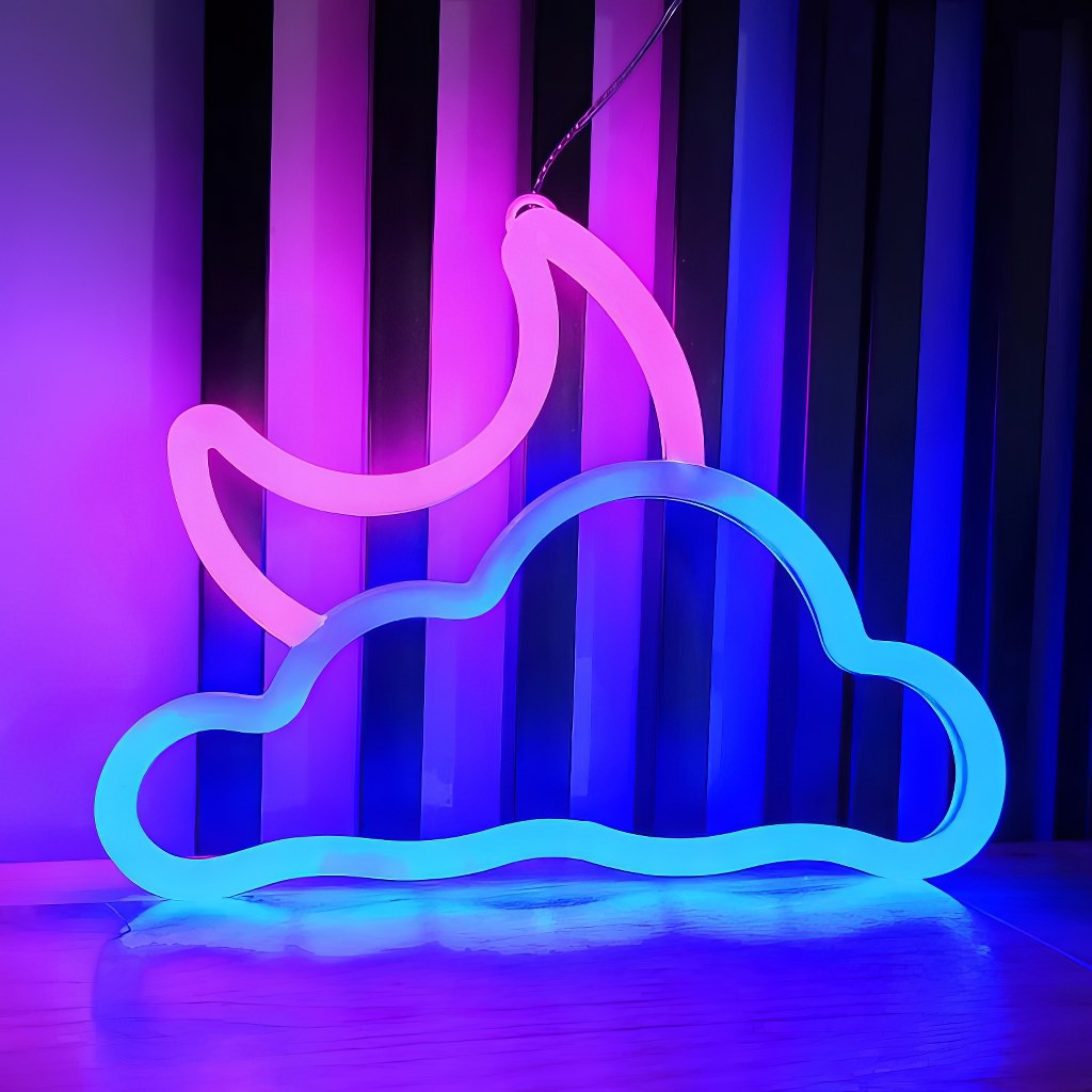 Letrero de pared de neón LED con luna y nube azul/rosa