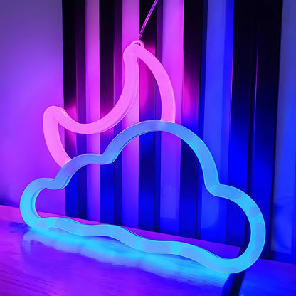 Blau/Rosa Mond &amp; Wolke LED Neon Wandschild