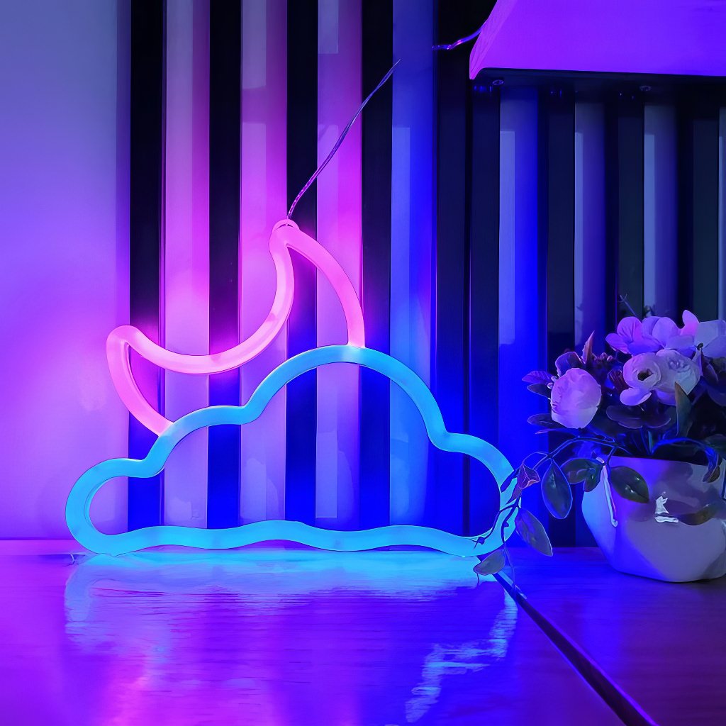 Letrero de pared de neón LED con luna y nube azul/rosa