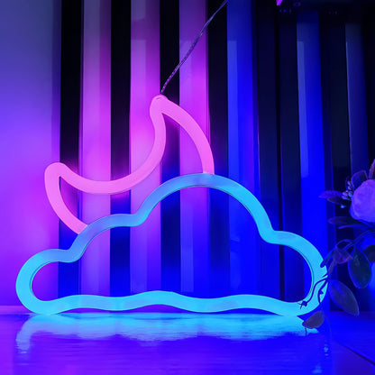 Letrero de pared de neón LED con luna y nube azul/rosa