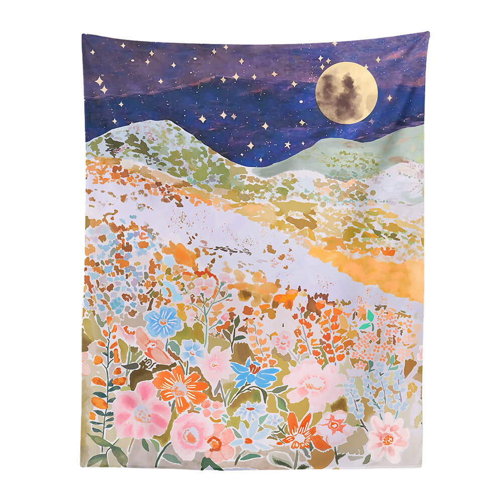 Night Hill Flowers Tapestry floral flowers moon