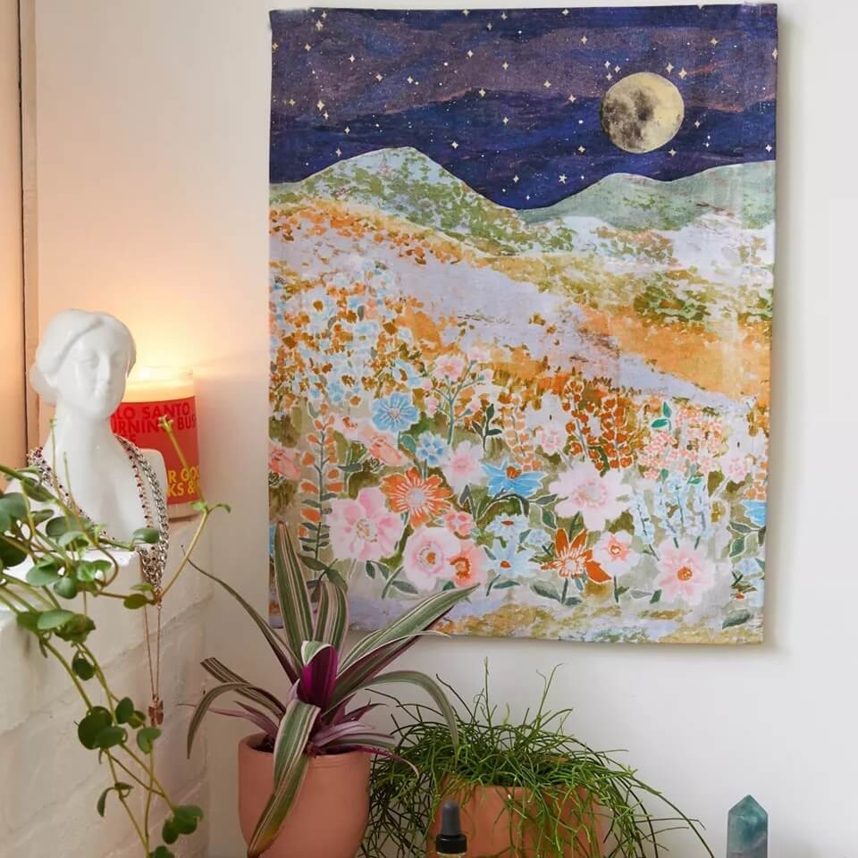 Night Hill Flowers Tapestry floral flowers moon