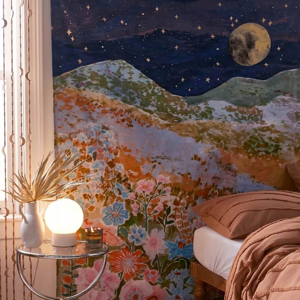 Night Hill Flowers Tapestry floral flowers moon