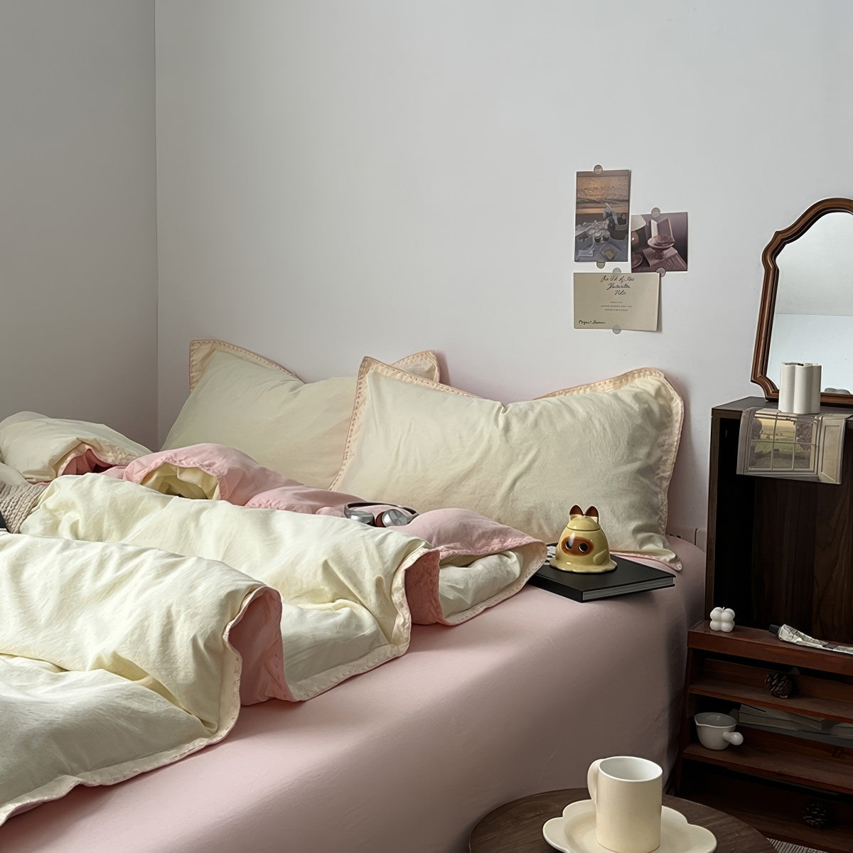 Parure de lit pastel rose pâle et jaune