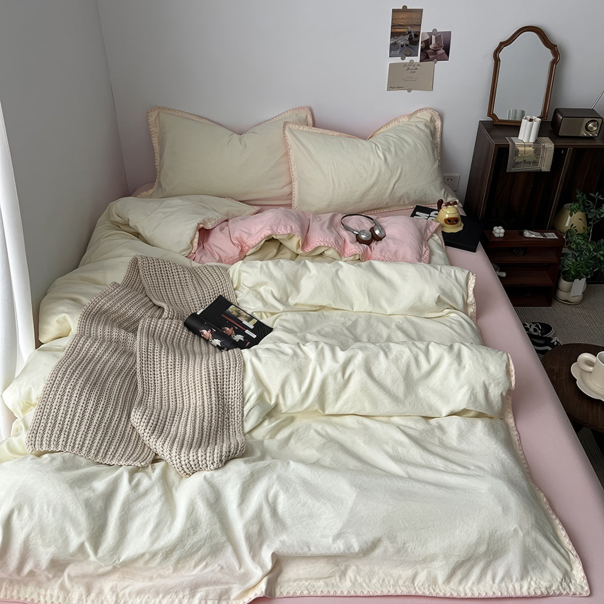 Parure de lit pastel rose pâle et jaune