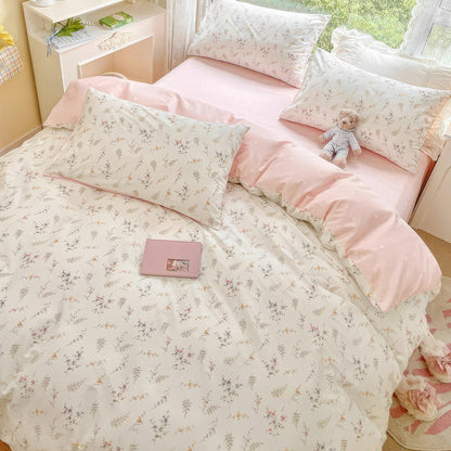 Pale Pink Floral Print Bedding Set bed sheet bedsheets coquette duvet cover