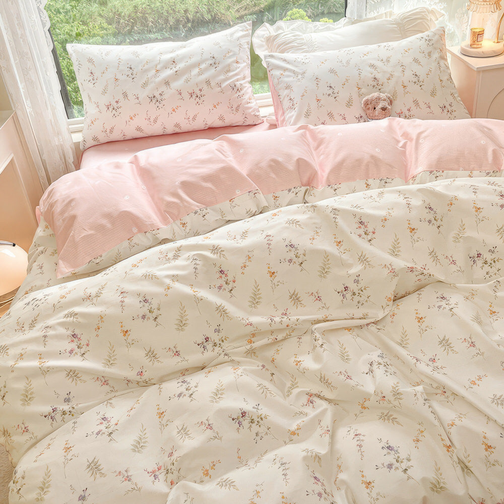 Pale Pink Floral Print Bedding Set bed sheet bedsheets coquette duvet cover