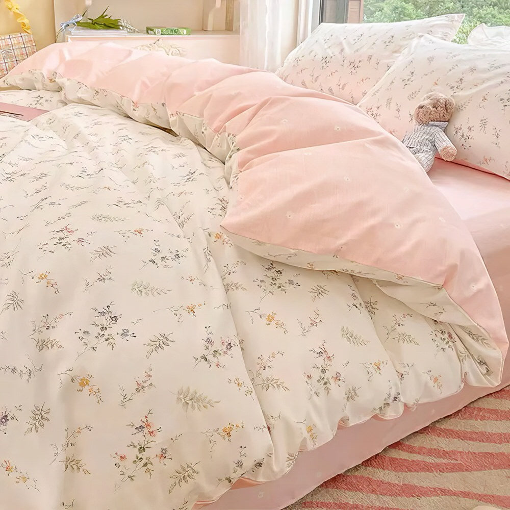 Pale Pink Floral Print Bedding Set bed sheet bedsheets coquette duvet cover