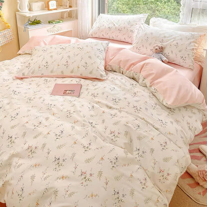 Pale Pink Floral Print Bedding Set bed sheet bedsheets coquette duvet cover