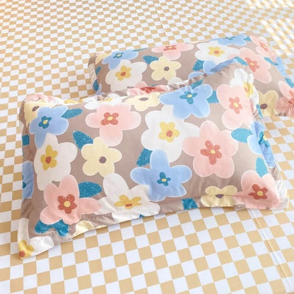 Pastel Brown Flowers Bedding Set bed sheet bedsheets checker checkered floral flowers pastel pastel bedding pastel duvet pastel room pastel sheets SUB CATEGORY_Bedding Sets