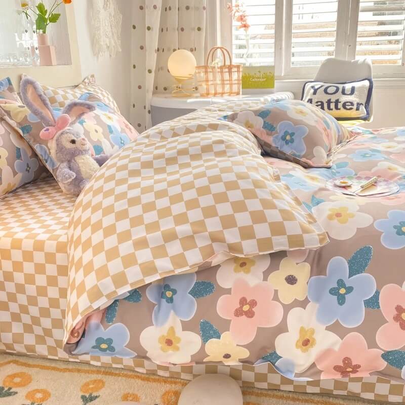 Pastel Brown Flowers Bedding Set bed sheet bedsheets checker checkered floral flowers pastel pastel bedding pastel duvet pastel room pastel sheets SUB CATEGORY_Bedding Sets