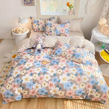 Pastel Brown Flowers Bedding Set bed sheet bedsheets checker checkered floral flowers pastel pastel bedding pastel duvet pastel room pastel sheets SUB CATEGORY_Bedding Sets