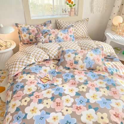 Pastel Brown Flowers Bedding Set bed sheet bedsheets checker checkered floral flowers pastel pastel bedding pastel duvet pastel room pastel sheets SUB CATEGORY_Bedding Sets