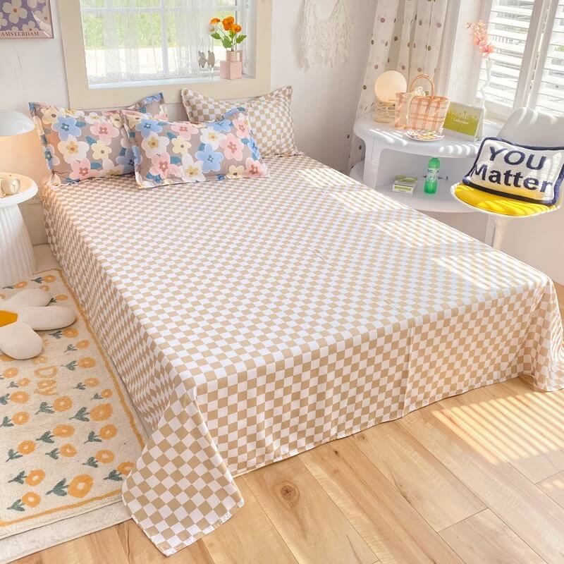 Pastel Brown Flowers Bedding Set bed sheet bedsheets checker checkered floral flowers pastel pastel bedding pastel duvet pastel room pastel sheets SUB CATEGORY_Bedding Sets