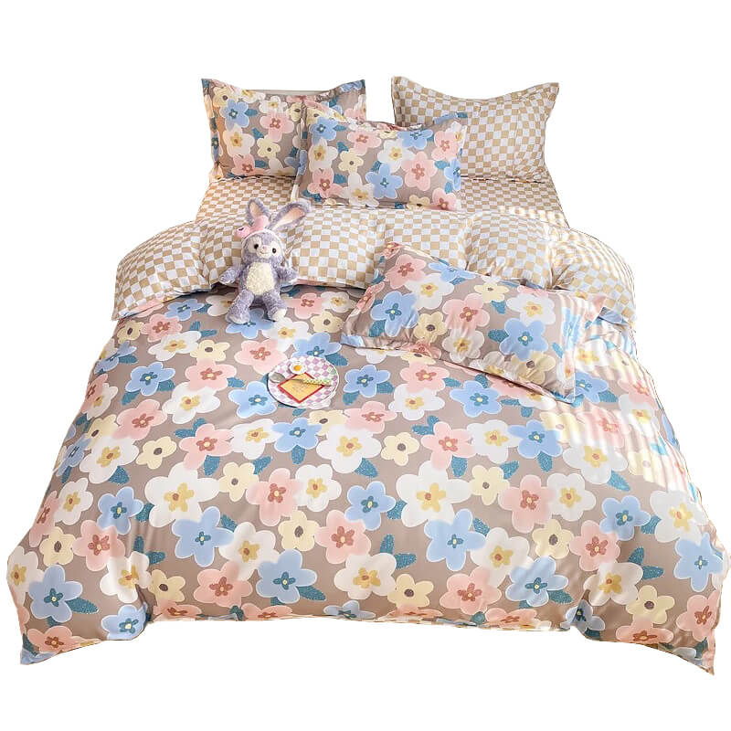 Pastel Brown Flowers Bedding Set bed sheet bedsheets checker checkered floral flowers pastel pastel bedding pastel duvet pastel room pastel sheets SUB CATEGORY_Bedding Sets