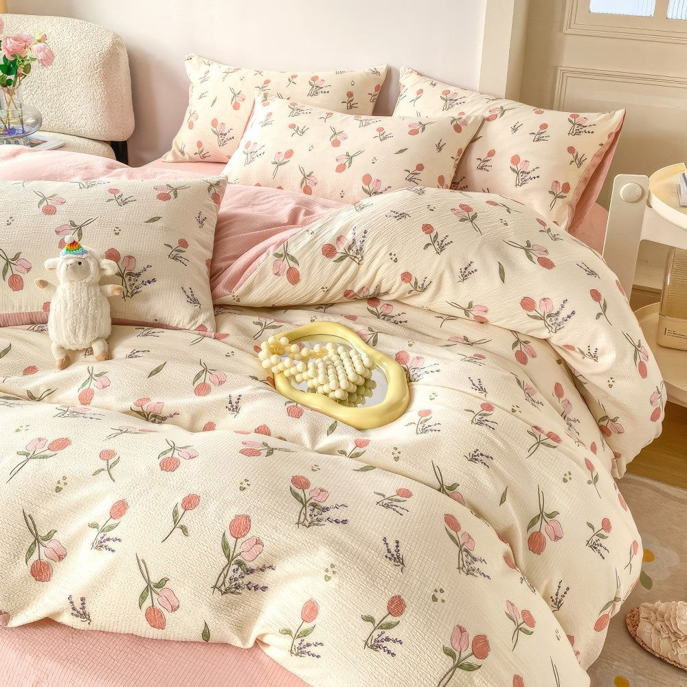 Juego de cama con estampado de flores de tulipán en colores pastel