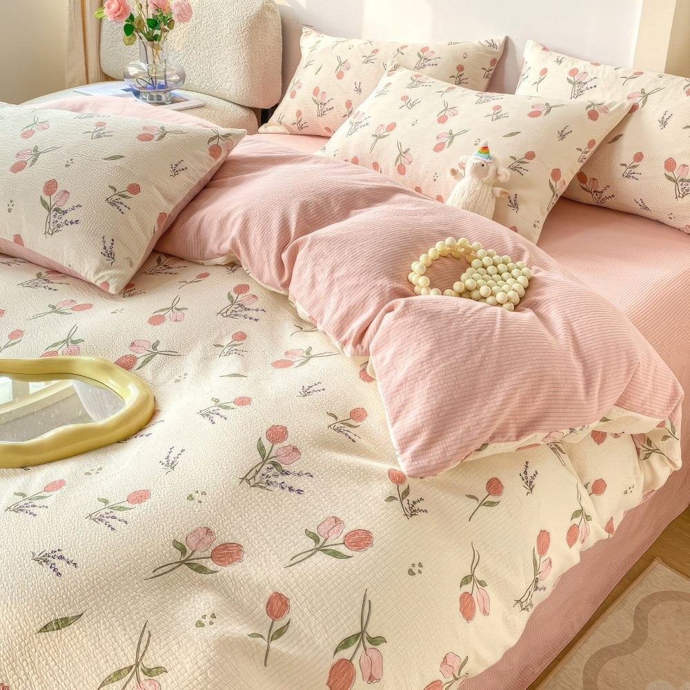 Juego de cama con estampado de flores de tulipán en colores pastel