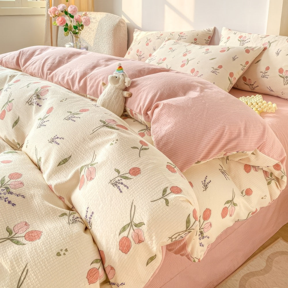 Juego de cama con estampado de flores de tulipán en colores pastel