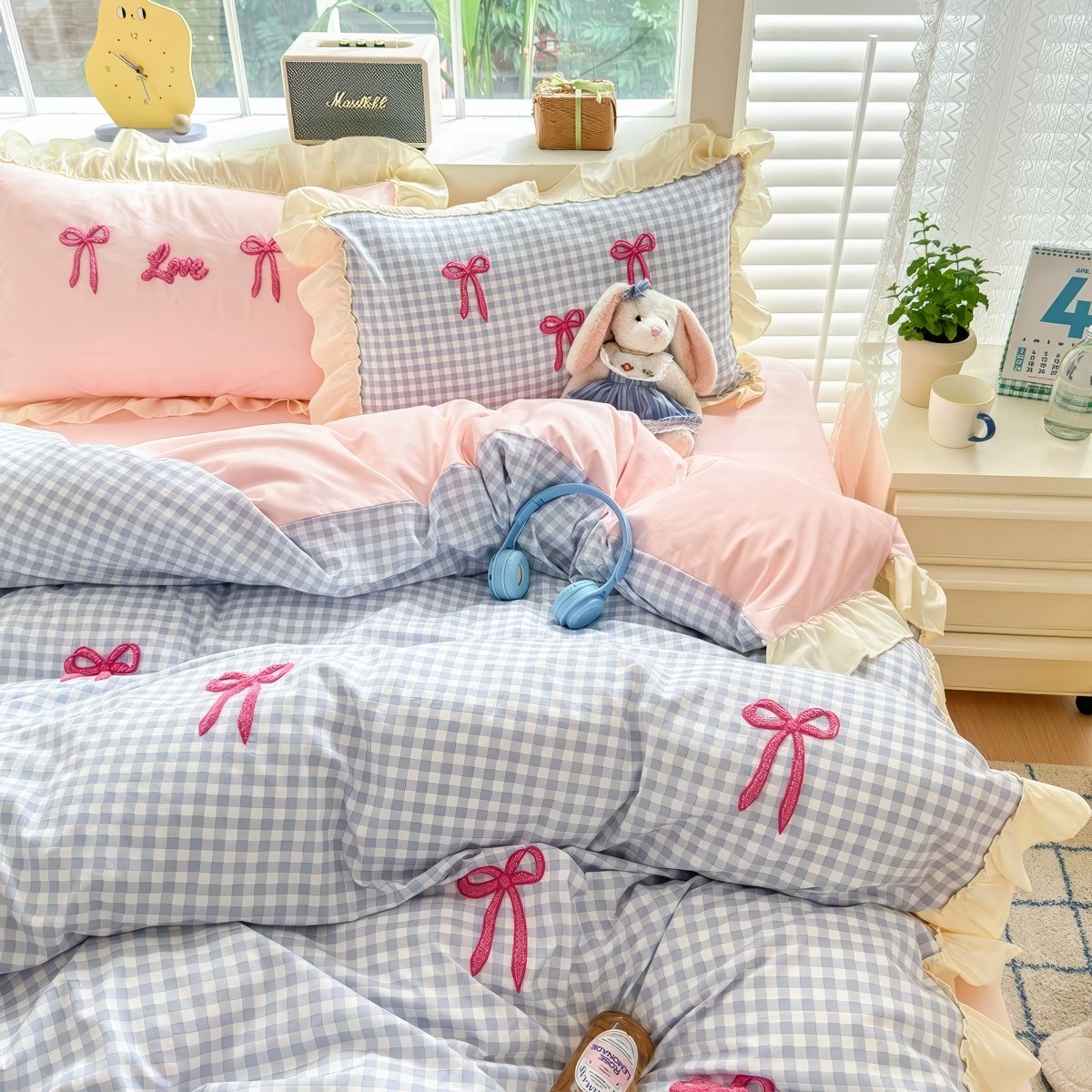 Pastel Pink Gingham with Bows Bedding Set