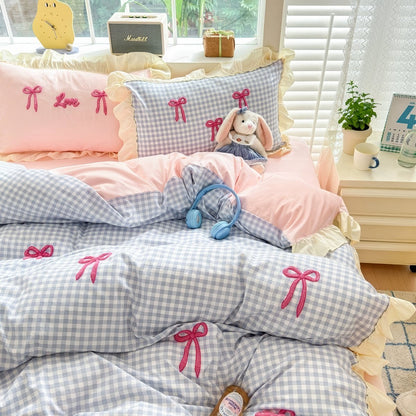 Pastel Pink Gingham with Bows Bedding Set