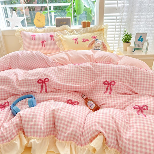 Pastellrosa Gingham-Bettwäscheset mit Schleifen