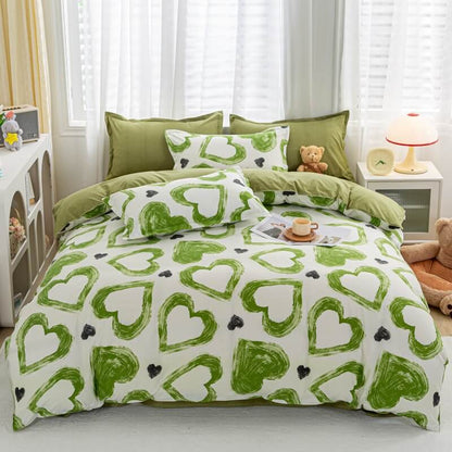 Green Hearts Bedding Set bed sheet bedsheets pastel SUB CATEGORY_Bedding Sets