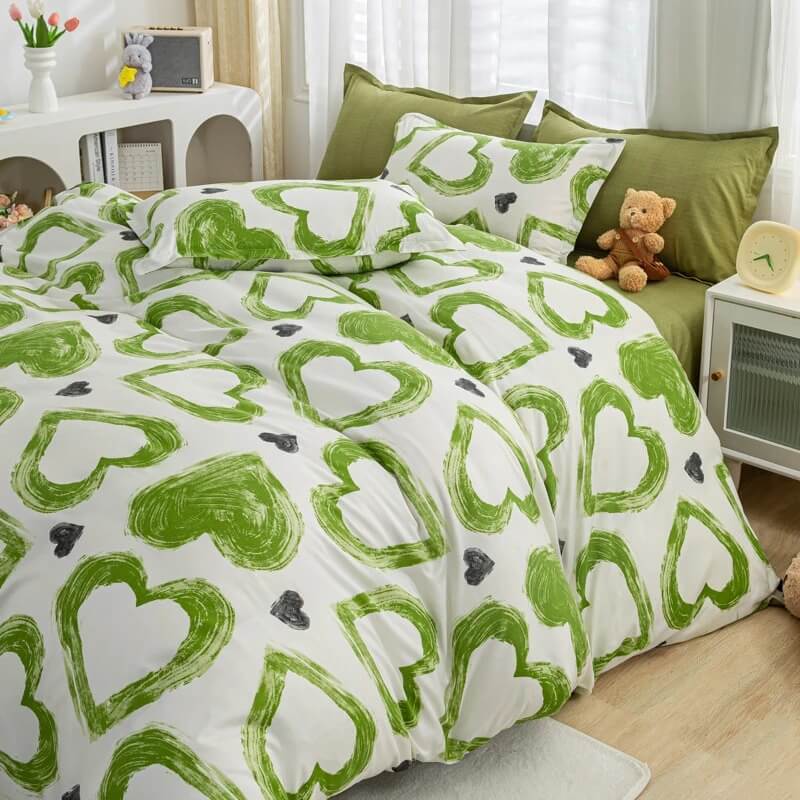 Green Hearts Bedding Set bed sheet bedsheets pastel SUB CATEGORY_Bedding Sets