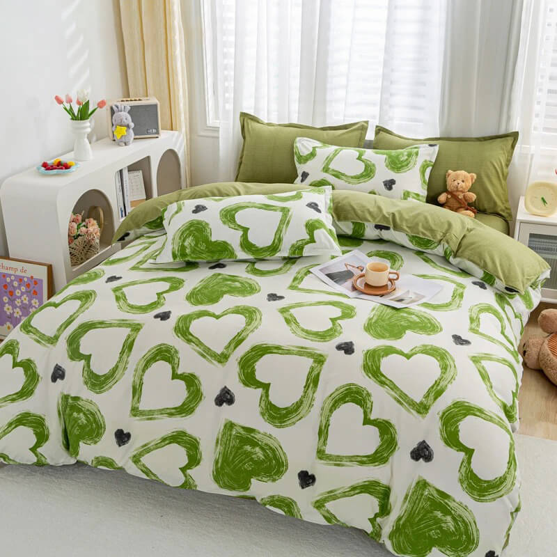 Green Hearts Bedding Set bed sheet bedsheets pastel SUB CATEGORY_Bedding Sets