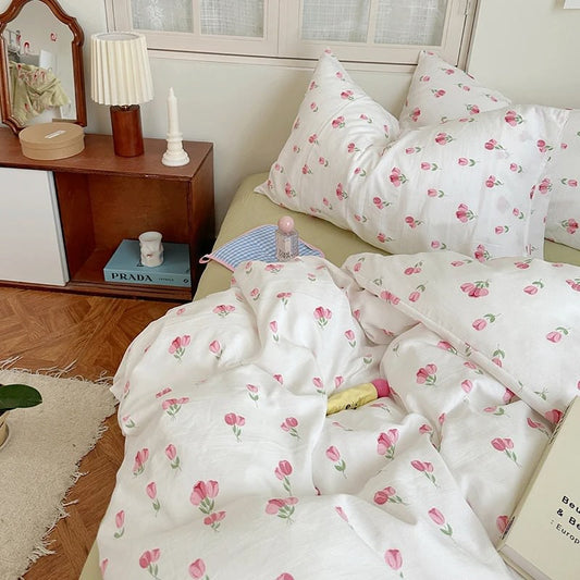 Juego de cama con estampado floral de tulipanes en colores pastel suaves