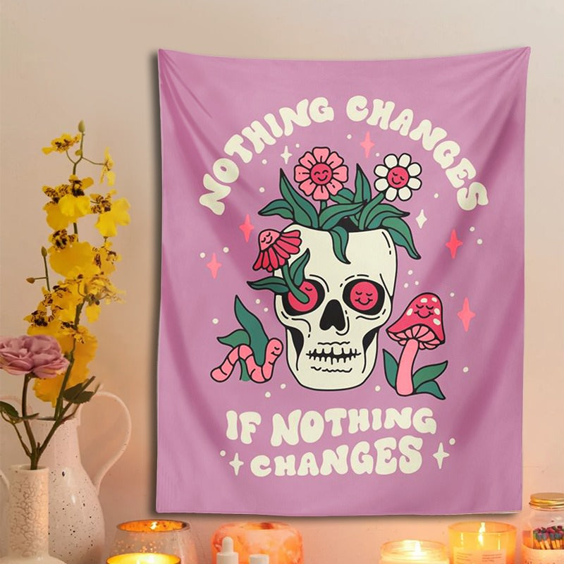 Nothing Changes Skull Tapestry fairycore moon phases mystery sun moon