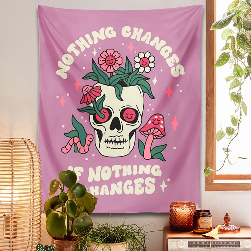 Nothing Changes Skull Tapestry fairycore moon phases mystery sun moon