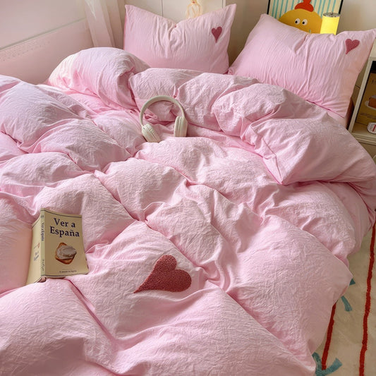 Pink Washed Cotton Bedding Set With Red Embroidered Heart