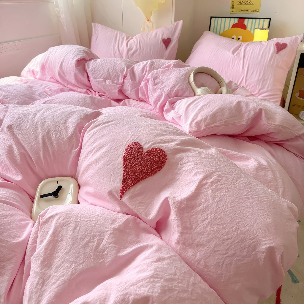 Pink Washed Cotton Bedding Set With Red Embroidered Heart