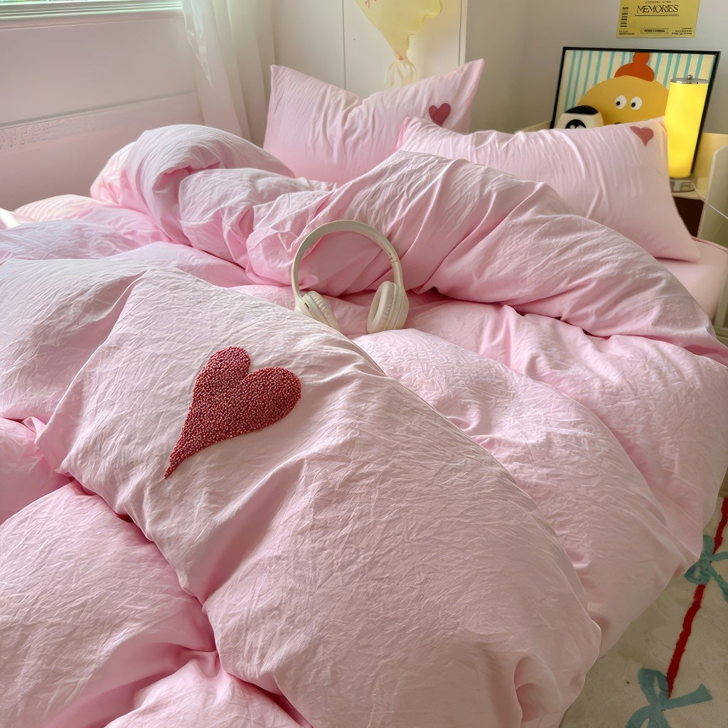 Pink Washed Cotton Bedding Set With Red Embroidered Heart