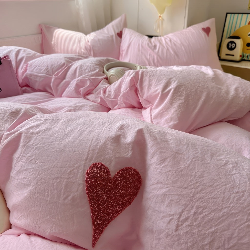 Pink Washed Cotton Bedding Set With Red Embroidered Heart