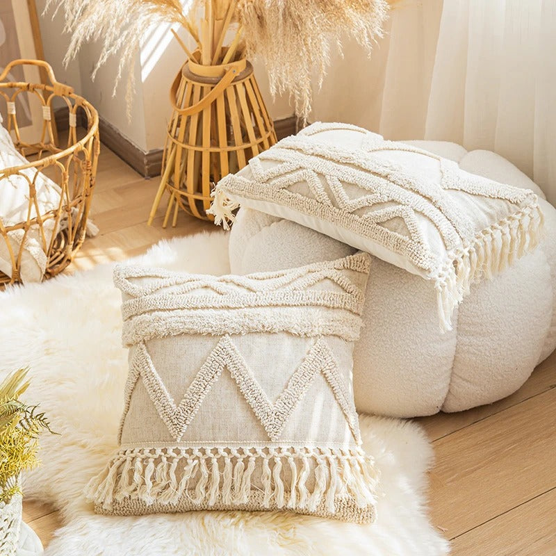 Beige Boho Tufted Cushion Cover fringe SUB CATEGORY_Cushion Covers tassels