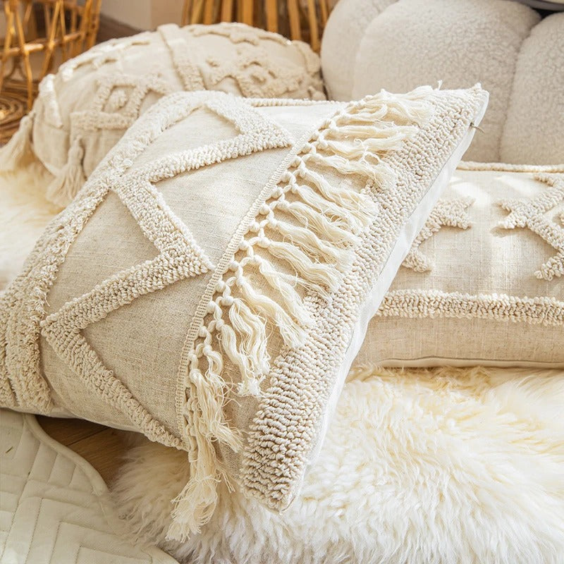 Beige Boho Tufted Cushion Cover fringe SUB CATEGORY_Cushion Covers tassels