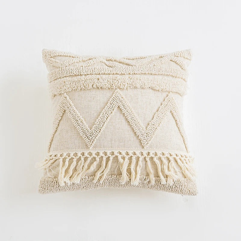 Beige Boho Tufted Cushion Cover fringe SUB CATEGORY_Cushion Covers tassels