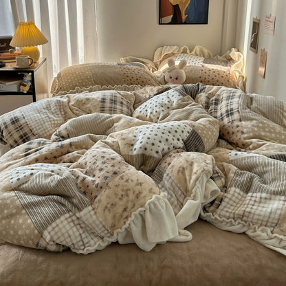 Patchwork Ruffle Plush Fleece Winter Bedding Set