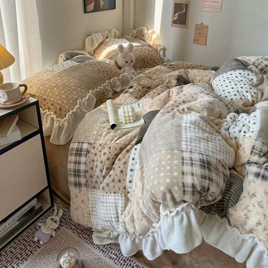 Patchwork Ruffle Plush Fleece Winter Bedding Set